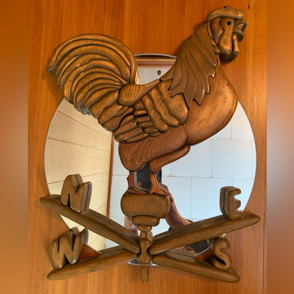 Vintage handmade wooden rooster mirror. Rustic cottage country farmhouse